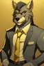 Placeholder: Buff anthro wolf himbo with black fur and gold eyes wearing a suit