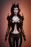 Placeholder: Amy Dumas as evil queen in black leather, leather, busty, cleavage, angry, rage, stern look. character design by cory loftis, fenghua zhong, ryohei hase, ismail inceoglu and ruan jia. unreal engine 5, artistic lighting, highly detailed, photorealistic, fantasy