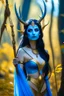 Placeholder: A picture of a beautiful blue faced Indian goddess with skin painted blue, blue body, blue torso, wild black hair, stag antlers, elven ears, golden skirt, holding a staff in a sunny forrest