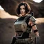 Placeholder: beautiful caucasian female soldier, black metal body and limbs, visible cybernetic limbs, scratched sand camo, no armor, short brunette wavy bob haircut, dystopian, desert scene