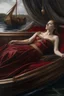 Placeholder: Oil painting A woman lies in a boat and next to her the king reclines and looks at her wearing a dark red dress exposed from above in the ancient era Photorealistic