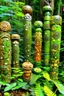 Placeholder: An olive green jungle with yo-yos designed in pacific Northwest totem poles painted by Henri-Robert Bresil