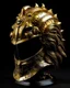 Placeholder: Gold metal trump themed armor black trim, glowing gold eyes, the helmet is fully covered, the helmet lion themed