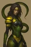 Placeholder: a female humanoid snake, wearing a black leather armor, green scales, yellow eyes