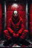 Placeholder: A scary gothic person sits quietly in the middle of a soundproof, padded room conveying intense dramatic emotions in a muted environment, wearing a bright red straitjacket , a mask to cover the mouth area of cannibal evil scary, dark and gothic look, cold eyes, eary ultra detailed,.32k, digital art style with messy paint, hardened sealer appearance, impasto, dramatic Arial view with explosive chaotic background