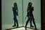 Placeholder: full body long boots portrait of ninja pretty woman weasel semi transparent hypnotic kind eyes in front of mirror