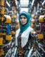 Placeholder: potrait cinematography colors a beautiful woman humanoid robot mechanical hijab walking in between two rows of complex machinery with vibrant colors