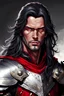 Placeholder: 40-year-old boy with long black silver highlight hair and red-colored eyes in armor cloak