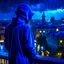 Placeholder: girl in a raincoat, watching the empty city, at midnight, dark blue colours, rainy, atmospheric, photo quality