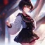 Placeholder: Clear focus, High resolution, fluffy black short hair, dark red eyes, wearing a black and red sailor uniform and pleated black skirt, fluffy hair, detailed outfit, wearing red eyelashes