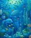 Placeholder: A blue underwater reef with fish and jellyfish designed in African masks painted by Georges Seurat
