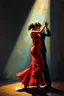 Placeholder: a full body Latino woman dancing salsa in red dress, dark shadow in background, acrylic and oils, glossy finish high contrast, detailed, vibrant colors, cinematic, masterpeace