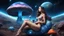 Placeholder: beautiful women sitting without bra on a big blue mushroom in space, planets at the back ground, hyper realistic.