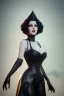 Placeholder: Lana Turner as evil queen in black leather, leather, busty, cleavage, angry, stern look. character design by cory loftis, fenghua zhong, ryohei hase, ismail inceoglu and ruan jia. unreal engine 5, artistic lighting, highly detailed, photorealistic, fantasy