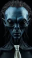 Placeholder: A man in black with a long curly hair . a body shot of a super blue skin alien, full head, old, looking at the camera, super big head, super big black eyes, small mouth, no ears, total black skin. photo real, hyperrealistic, high dynamic range, rich colors, lifelike texturesv, 8K UHD, high color depth. neutral dark background.warring a white tie