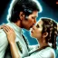 Placeholder: carrie fisher kissing harrison ford, waist up portrait, intricate, oil on canvas, masterpiece, expert, insanely detailed, 4k resolution, cinematic smooth, intricate detail , soft smooth lighting, soft pastel colors,