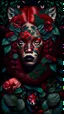 Placeholder: beautiful black woman with fox pattern painted on face, with red hair and flowers growing from it, dark forest green pattern