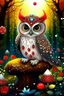 Placeholder: a beautiful funny owl, glittering jewels, sitting on a mushroom with red and white dots, in the forest