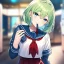 Placeholder: Clear focus, High resolution, short light green hair, blue eyes, wearing a sailor uniform, red tie, wearing a sailor skirt, eyes closed, smiling with mouth open, 1girl, spiky hair