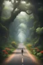 Placeholder: there are two human friends. no one in the road and walking in the jungle.large trees.short road.beautiful flower