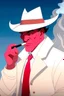 Placeholder: An old male red tiefling wearing a white and blue police comisioner outfit smoking a cig.