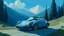 Placeholder: a porche 911, faded blue paint, driving on a mountain road, Ghibli style anime