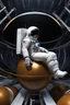 Placeholder: close side view of An astronaut sitting on a large steel ball.floating in the air, wide legs, holding on to the chain