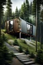 Placeholder: Medium sized, modern house made from shipping containers, on a hill in the woods, photorealistic