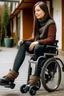Placeholder: Girl in a wheelchair with weak legs and she wears a jumper and tights with some timberlands