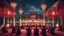 Placeholder: Hyper Realistic Photographic-View of few men praying outside a Huge-Beautifully-Crafted-Maroon-Mosque decorated with garland-lights & lamps between an island with ocean-water-waves & mountains around at feathers-whirling-&-Pigeons-Flying-at-night with dramatic-&-cinematic-ambiance