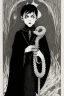 Placeholder: 7 year old boy, necromancer, friendly, looks dead,with a lamprey serpent , wearing black robes, in the style of Harry Clarke
