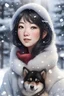 Placeholder: 121802828, a pretty japanese woman withnblack hair, in her late 20s, Shiba dog, winter, snow, we see her face, crystal, happy, digital art, 4k