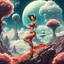 Placeholder: slim Sci-fi pin-up girl on an alien planet of cloud trees