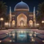 Placeholder: Hyper realistic Outside historical Mosque with detailed glass work on pillars with beautiful carpet & water fountain at night