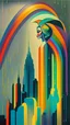 Placeholder: Painting style of erte rainbow in rain skyline