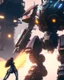 Placeholder: Giant robot firing rocket at a woman on her knees. Intricate mech details, ground level shot, 8K resolution, Cinema 4D, Behance HD, polished metal, Unreal Engine 5, rendered in Blender, sci-fi, futuristic, trending on Artstation, epic, cinematic background, dramatic, atmospheric