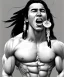 Placeholder: native american warrior, long black hair, big muscles, looking up, mouth wide open, scream face, shirtless