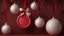 Placeholder: Blank red round sign hanging with red ribbon and bow isolated on dark red background minimal christmas decorations conceptual 3D rendering