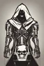 Placeholder: cyborg skull head on toy robot body in a black hooded cloak drawn in a retro animation style, inside a light diamond shape on a black background, monochromatic