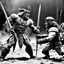 Placeholder: [1960’s colstop-motion animation style on the battlefield ] a 70s advertisement video TV featuring a fight begins with great intensity.The barbarian warrior uses her weapons hitting the monster severely ripping pieces of her grotesque and monstrous foe. but the monster is very strong and does not let himself be killed.he attacks with deadly fury the barbara warrior and manages to grab her embracing her with his distorted and very strong arms, full of rigid muscles.he hugs her very tightly causin
