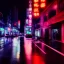 Placeholder: cyborg on wretched city street poignant cyberpunk neon lights rainy atmosphere night time