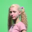 Placeholder: portrait of a teenager girl with blonde curly hair in a ponytail and green eyes chewing a bubblegum