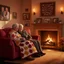 Placeholder: a warm, cozy living room bathed in soft, golden light, two elderly figures sit side by side on a plush, burgundy sofa, wrapped in a quilt patterned with autumn leaves, sharing a tender embrace and smiling serenely. A crackling fireplace casts flickering shadows across the walls adorned with family photos and framed memories. Above the mantelpiece hangs a wooden plaque with the text "I'll miss you, kiss you, give you my coat when you are cold, need you, feed you," written in elegant cursive. The