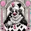 Placeholder: Storybook illustration of a Pierrot Clown, black and white with pink accents, Beardsely style, art nouveau elements, vintage drawing, pierrot vintage, black and white marble floor