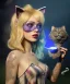 Placeholder: Ultra realistic photo, happy couple, blonde Alice woman and purple cat smoking a pipe, circus blue dress style, black headband with bow, old school body tattoo, smoke, marihuana garden, glow eyes, perfect iris, soft color, highly detailed, unreal engine 5, ray tracing, RTX, lumen lighting, ultra detail, volumetric lighting, high definition.