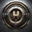 Placeholder: create me a large, centered letter H encased in a thin round, ornate golden ring. metallic,silver accents can be used. mechanical futuristic space cyberpunk style. extra electrical and pneumatic details, robot arms, laserguns. think dyson sphere, warp core, plasma couplings, the side of a spaceship. background should be black. make the H bigger.