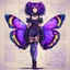 Placeholder: Hand drawn technical,full body portrait illustration , with detailed blueprints and engineering schematics of a walking hybrid Madagascan sunset moth insect girl, purple hair, in anime style, with highly detailed facial features, drawings, and technical notation, 8k, vibrant natural colors