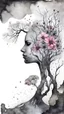 Placeholder: double exposure dry tree with fantasy flowers and profil face, black and gray watercolor illustration with weet ink, deep dark , surreal, dramatic atmosphere. intricate, stunning textures , mystery. stunning illustration