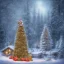 Placeholder: foto realistic winter house with a illuminated christmas tree and santa claus bringing presents in the night