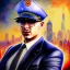 Placeholder: water color and spray paint art,pit-bull mafia boss with hat, holding up auto-pistol and wearing suit, city streets in background,run for cover, book illustration